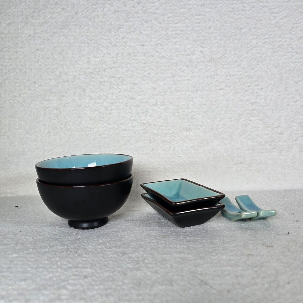 World Market 6 Piece Asian Sushi Set Bowls Dipping Trays Chopstick Holder Blue